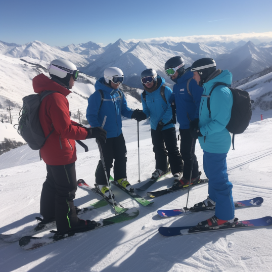 Un groupe de skieur sur les pistes de ski avec les montagnes derrière pendant un stage de ski au labo du skieur.png