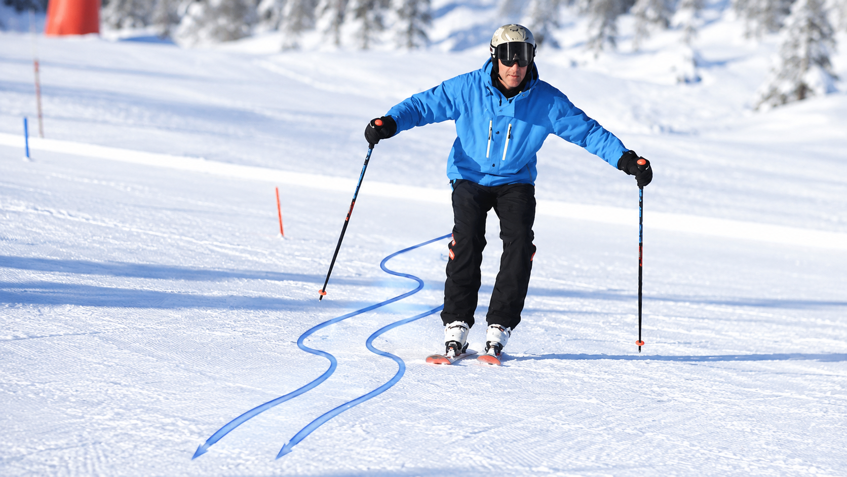 Skieur réalisant un exercice de serpentin pour isoler les mouvements du virage