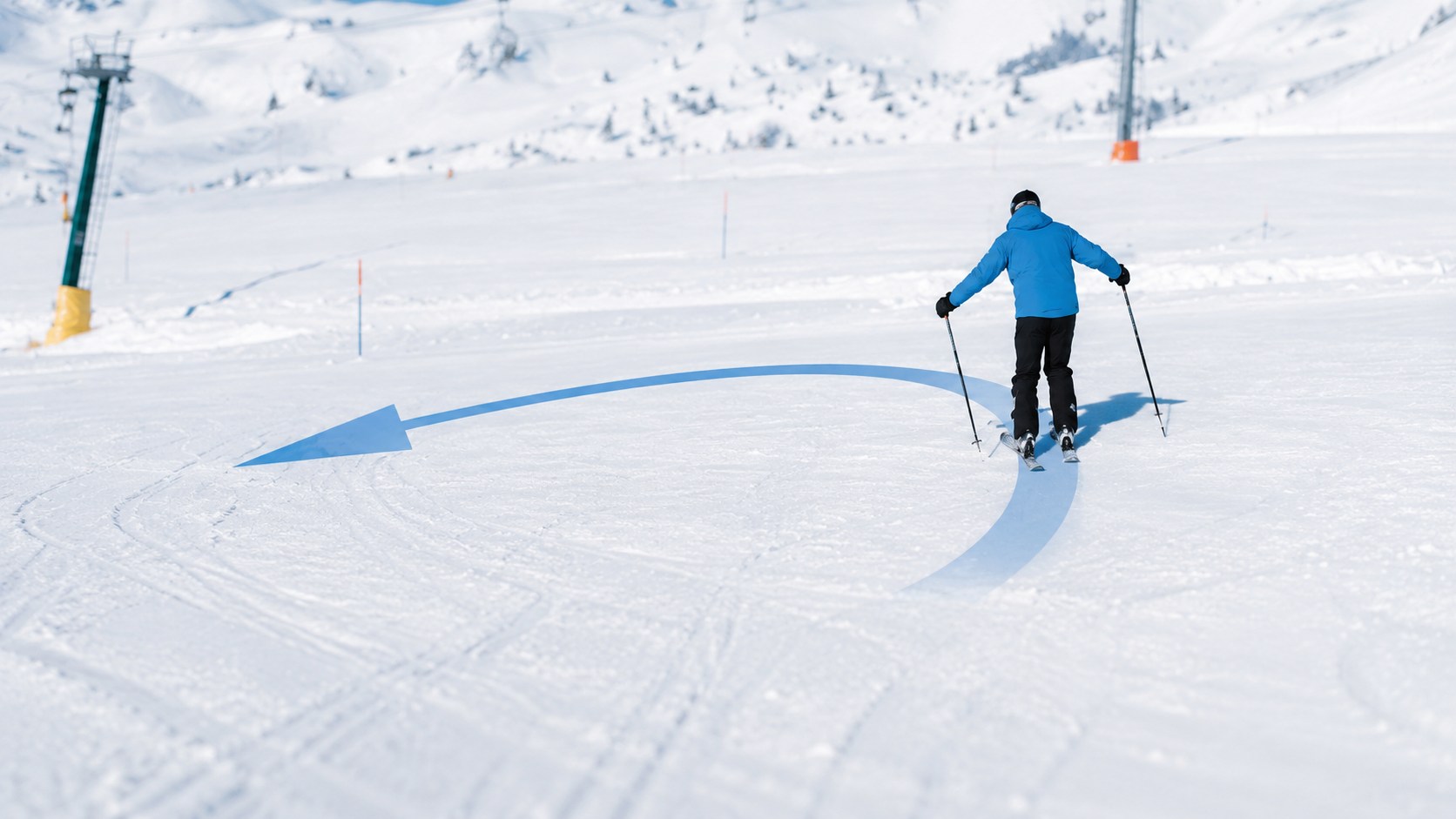 Skieur réalisant un exercice de traversée sur une piste enneigée