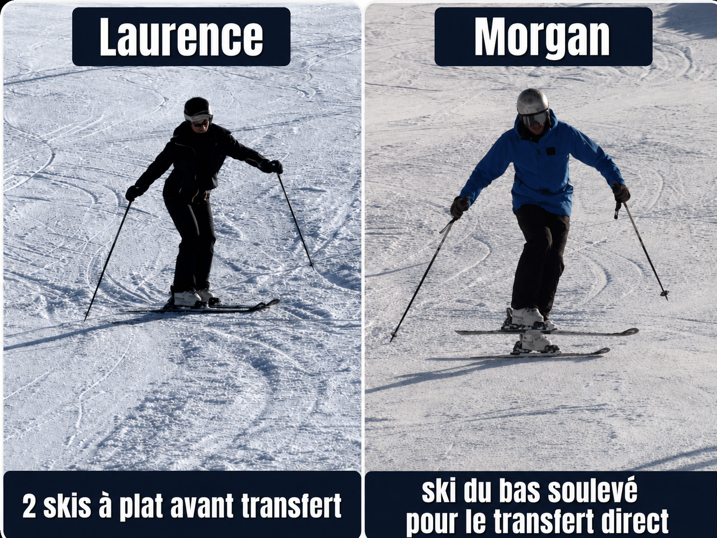 Laurence et Morgan montrent deux organisations différentes du transfert d’équilibre lors de la reprise du ski.