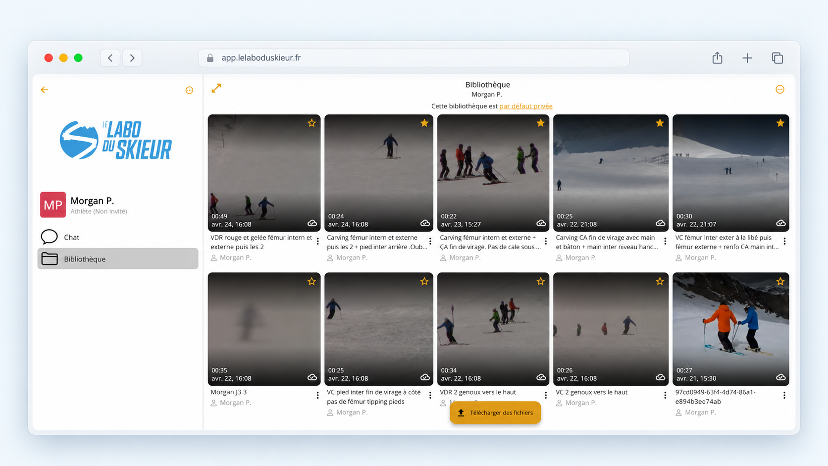 Bibliothèque OnForm de Morgan Petitniot avec vidéos de ski archivées et annotées