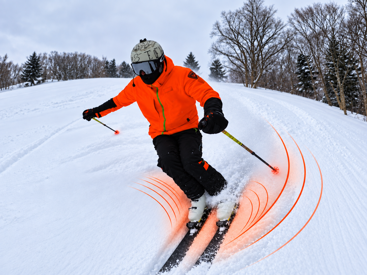Schéma de la compression de la neige sous les skis lors d’un virage en poudreuse